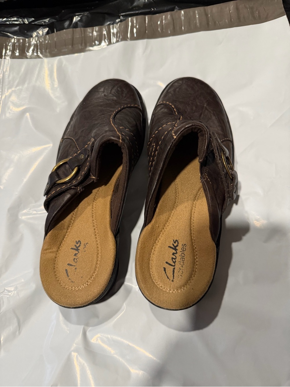 Clarks Brown Slip-On Buckle Clogs